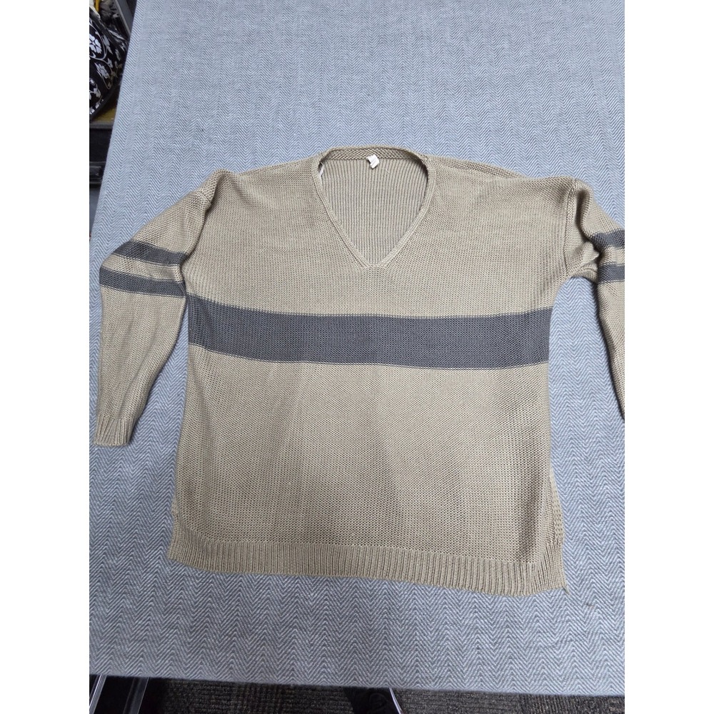 Wishlist Sweater Mens M/L Tan Gray Striped Relaxed Fit Knit Ribbed Hem V-Neck